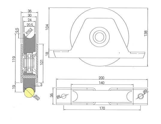 Esquema medidas rueda puerta corredera 140 mm con soporte atornillar